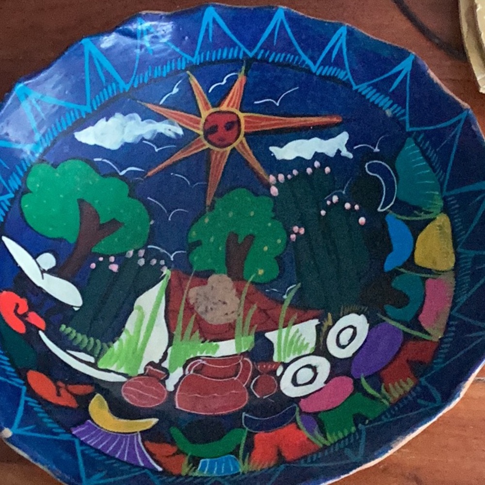Vintage Mexican Tonala FolklPAINTED POTTERY BOWL FOOTED 9 1/2” X 3 1/2”